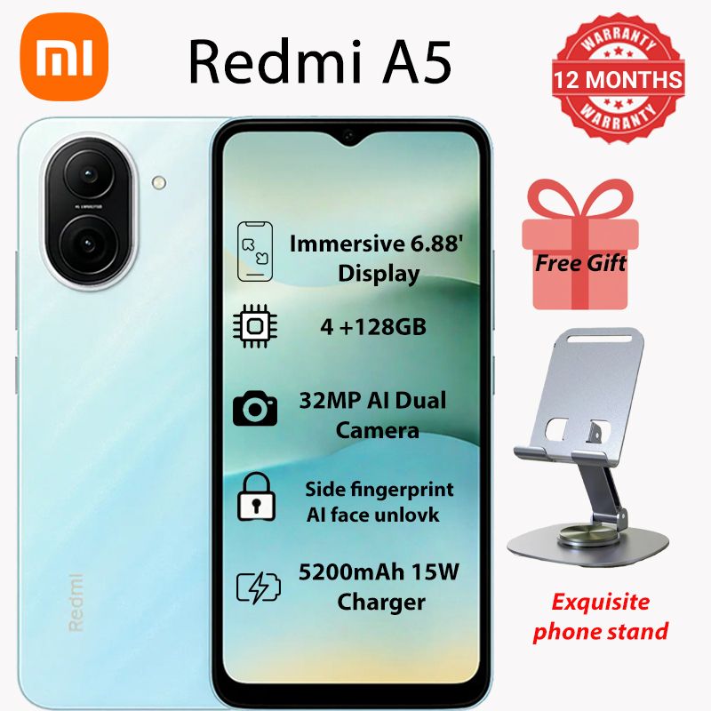 Redmi A5 6.88" HD+ Display | 4GB RAM + 128GB ROM (Expandable) | Dual SIM | 32MP Main + 8MP Front Cameras | 5200mAh Long-Lasting Battery | Side Fingerprint + AI Face Unlock | USB Type-C | 4G LTE
