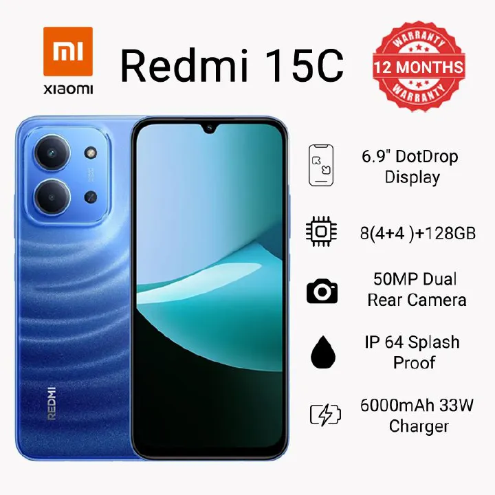 XIAOMI REDMI 15C 128GB Storage Upto 8(4+4)GB Ram 6.9'' FHD Immersive Display 50MP Main Cam +8MP front 6000mAh 33W Fast Charger Android 15 Xiaomi Hyper OS Side Fingerprint Smartphone smart phones