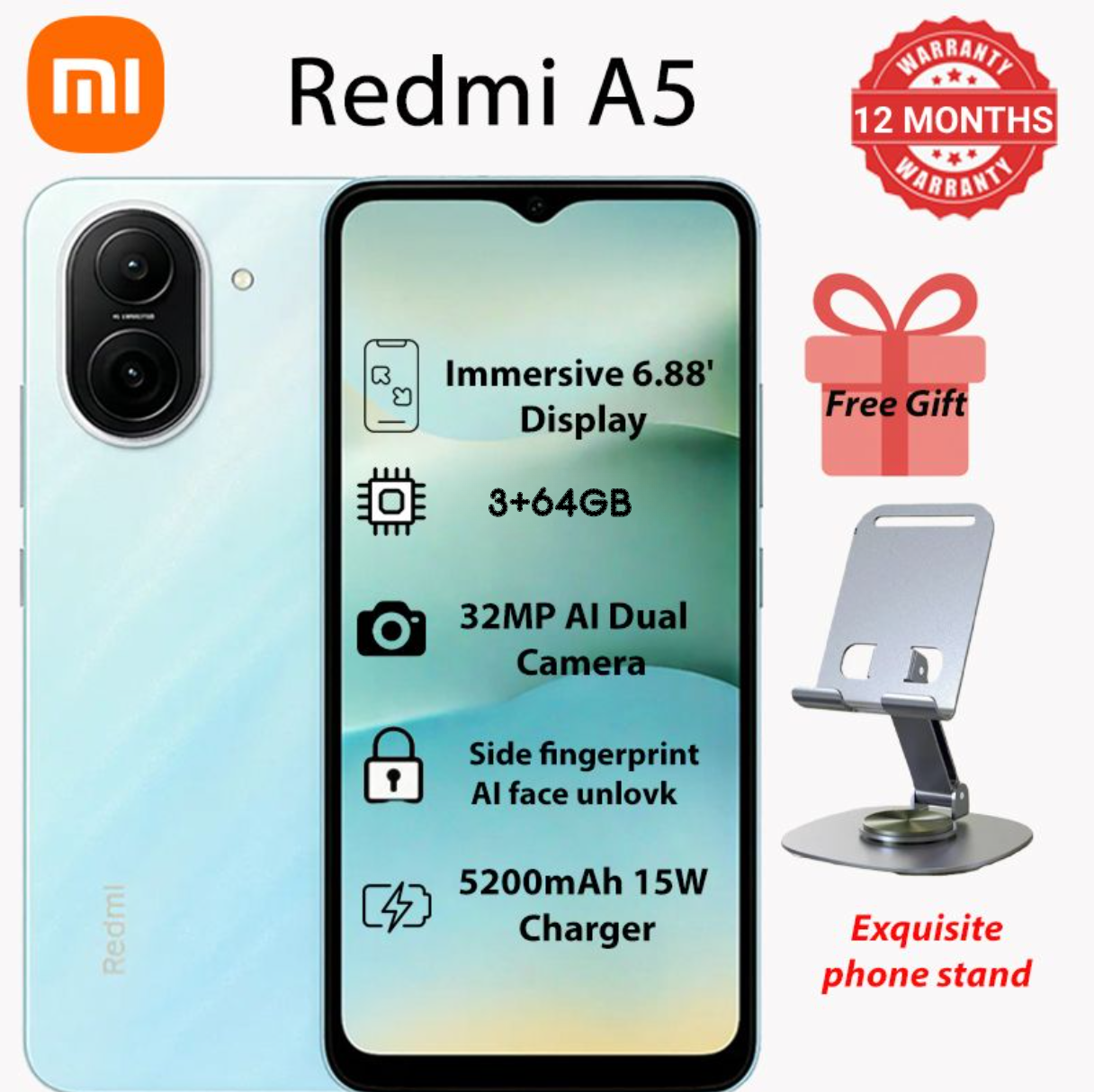 Redmi A5 6.88" HD+ Display | 3GB RAM + 64GB ROM (Expandable) | Dual SIM | 32MP Main + 8MP Front Cameras | 5200mAh Long-Lasting Battery | Side Fingerprint + AI Face Unlock | USB Type-C | 4G LTE