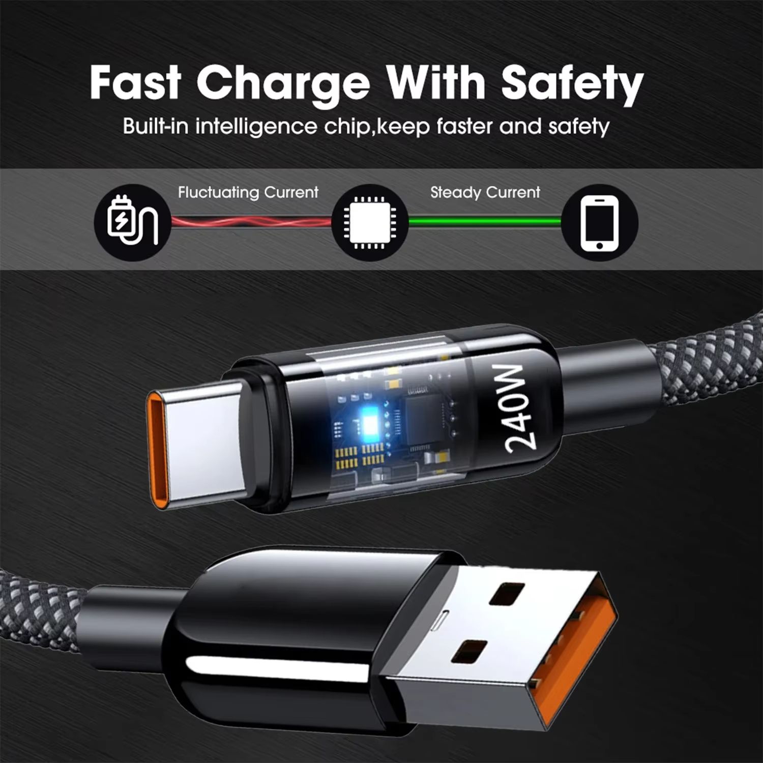 240W QC 3.0 USB to Type C Super Fast Charging Cable For Samsung Xiaomi Huawei OPPO LED Digital Display Phone Charger Data Cord