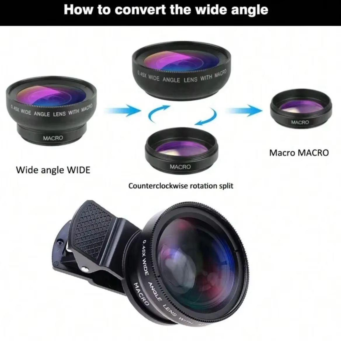 2 In 1 Clip On Phone Lens Kit 37mm 0 45X Super Wide Angle Macro HD Camera Lens for Mobile Phones