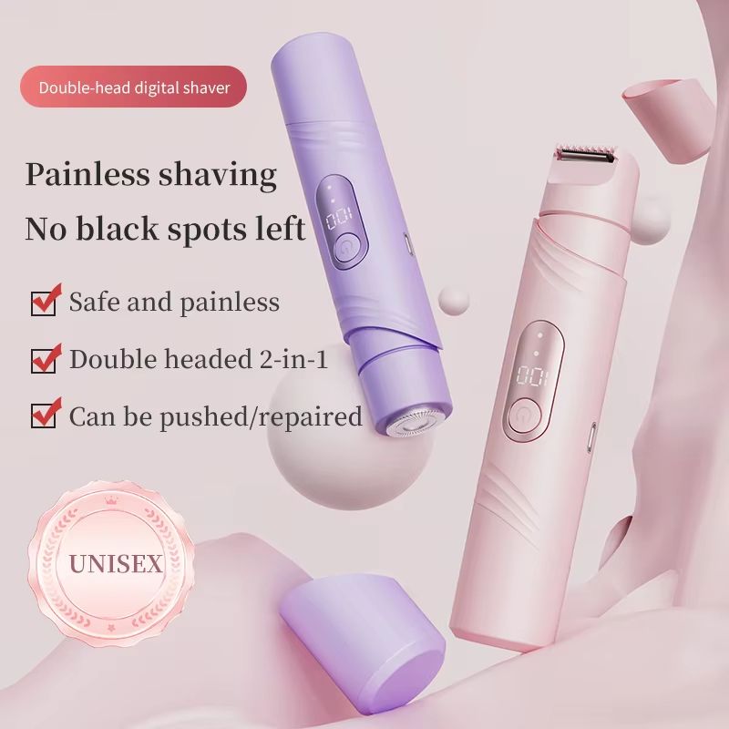 Women's 2-in-1 Dual-Head Electric Razor Painless Bikini Trimmer Wet/Dry Use Detachable Head for Ladies Pubic Hair Shaver