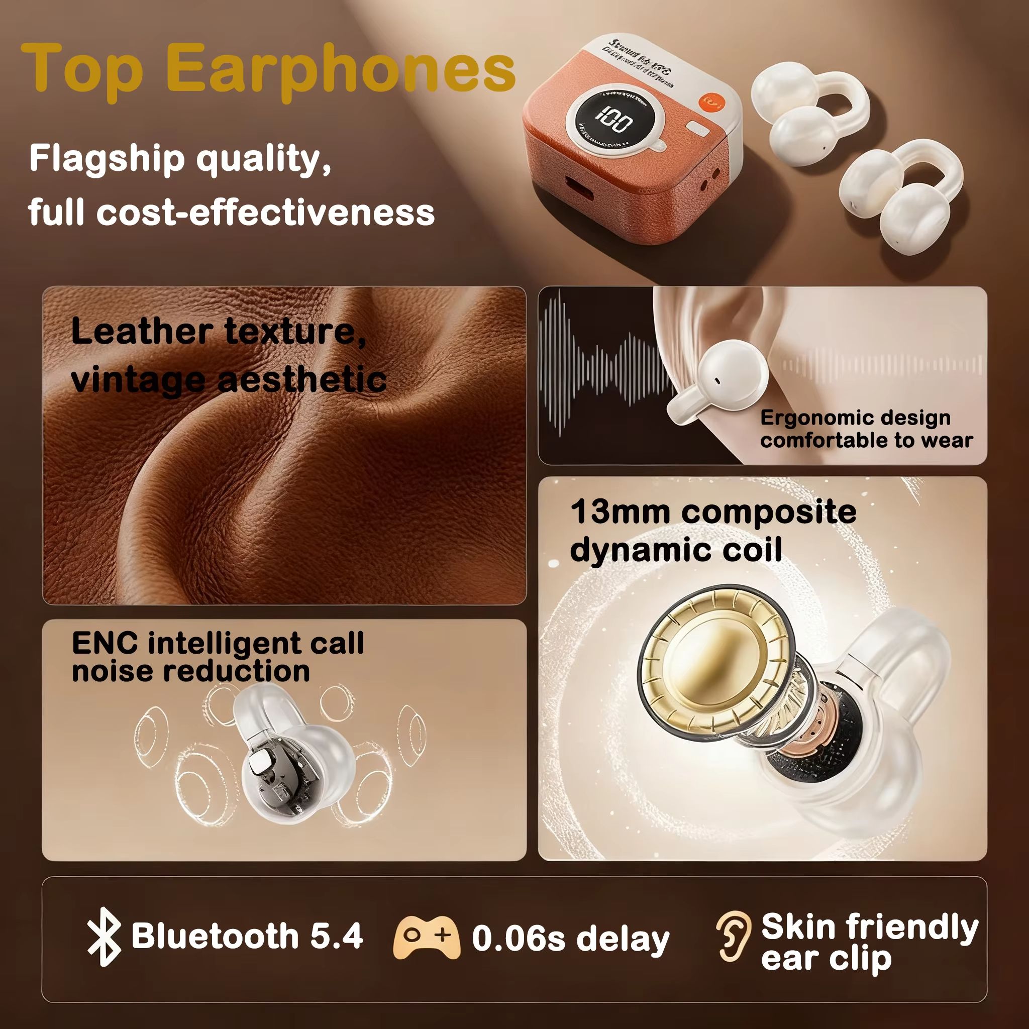 Q87 Retro TWS Wireless Bluetooth Earphones with Battery Display, Long Endurance, Clip on Ear Noise Reduction, Comfortable