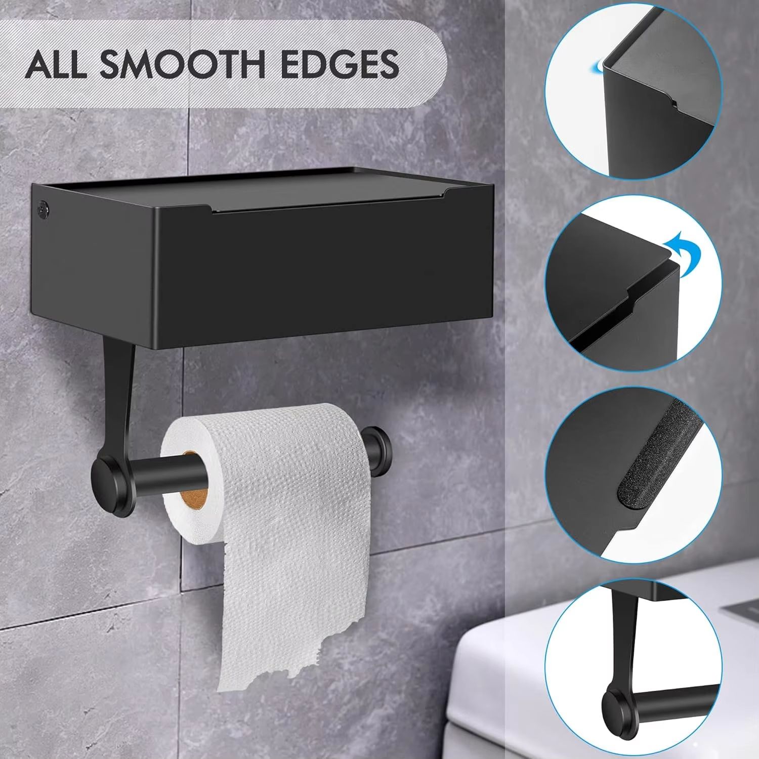 Matte Black Toilet Paper Holder with Storage, AmapleL Toilet Paper Holder with Shelf, Adhesive Wall Mount Flushable Wipes Dispen
