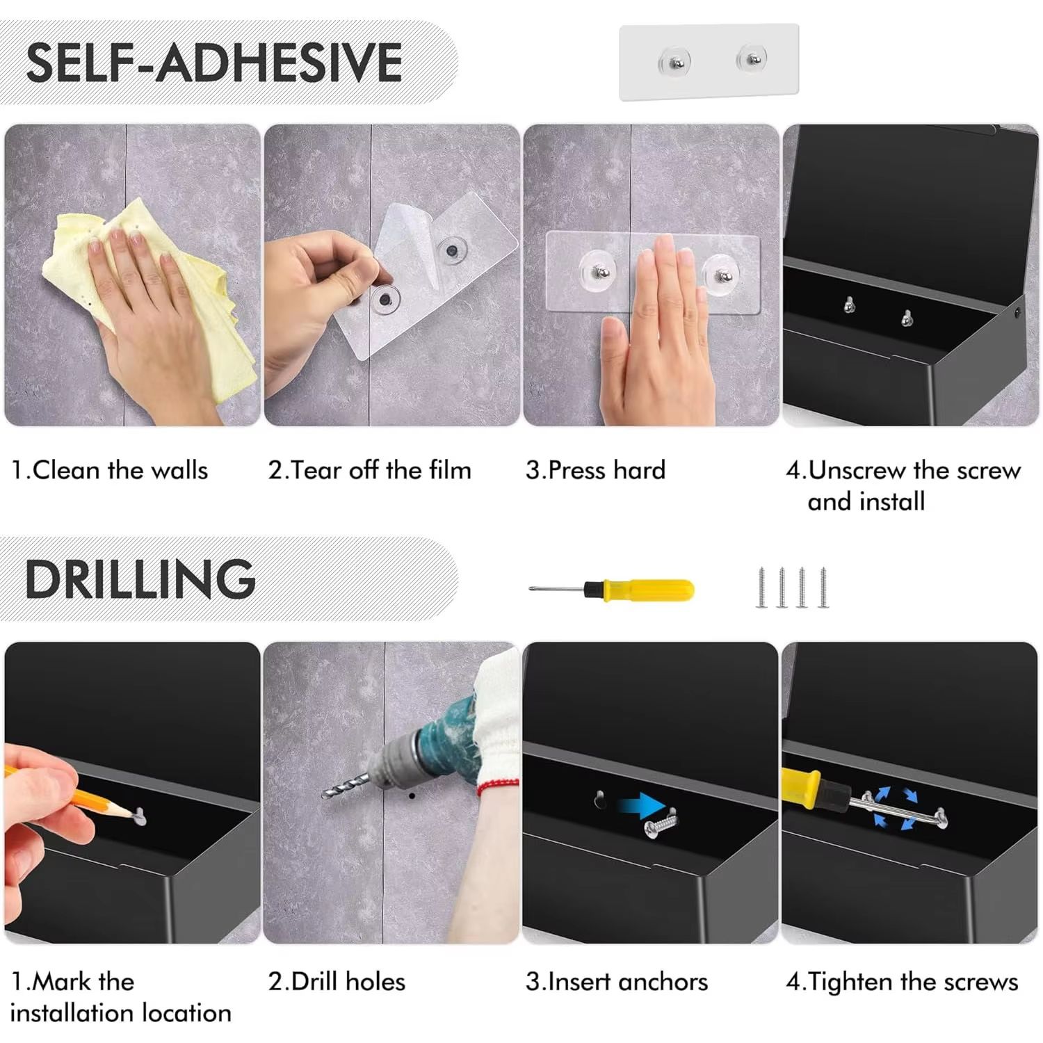 Matte Black Toilet Paper Holder with Storage, AmapleL Toilet Paper Holder with Shelf, Adhesive Wall Mount Flushable Wipes Dispen