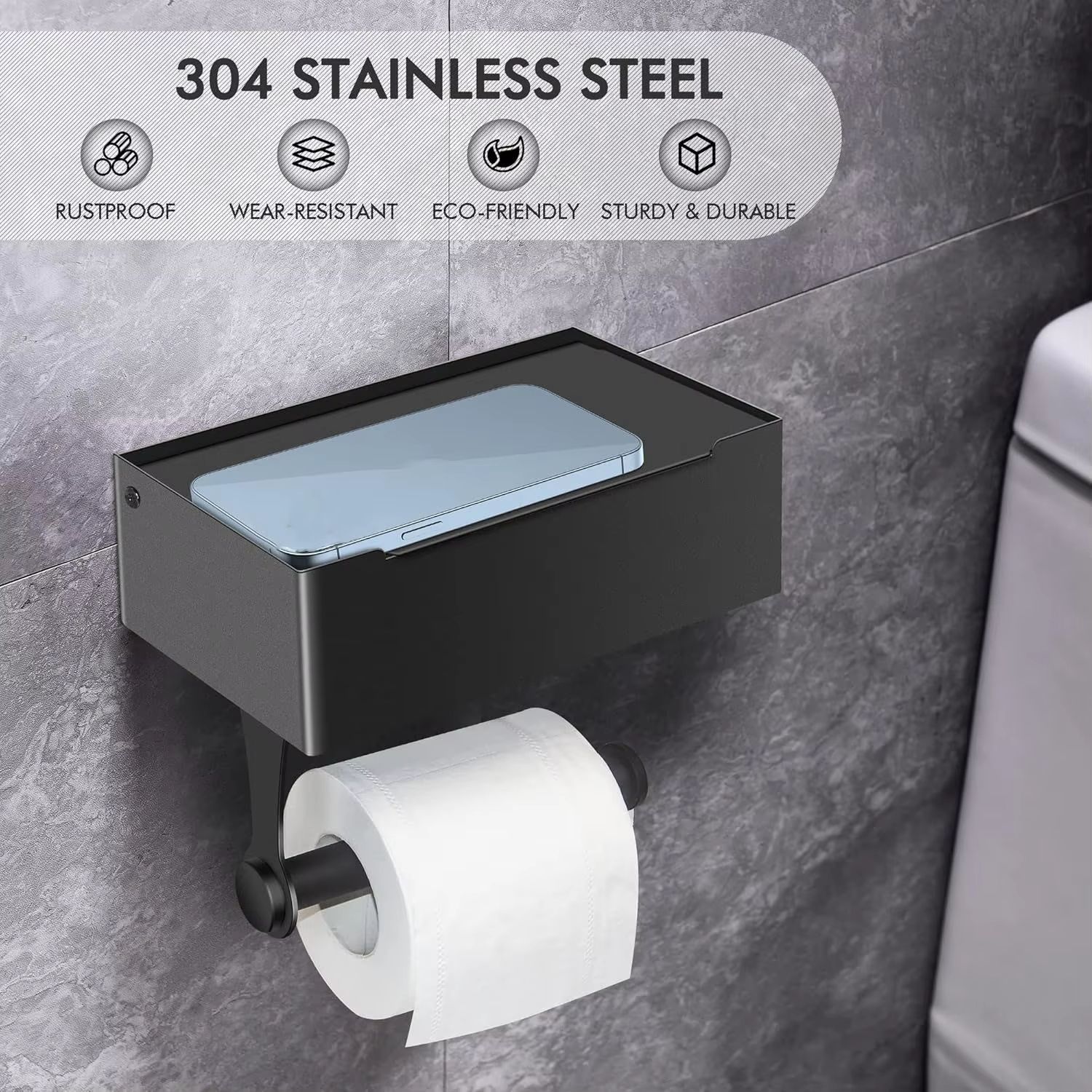 Matte Black Toilet Paper Holder with Storage, AmapleL Toilet Paper Holder with Shelf, Adhesive Wall Mount Flushable Wipes Dispen