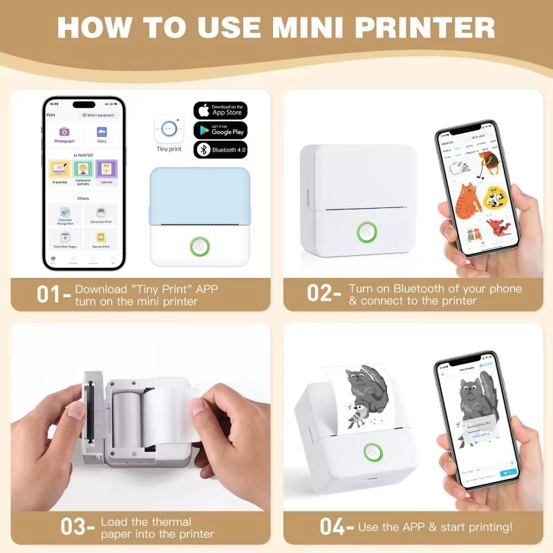 Mini Portabl Printer Inkless Sticker Maker, Free Cut Small Pocket Printer, Portable Thermal Printer for Photo Journal Notes Memo