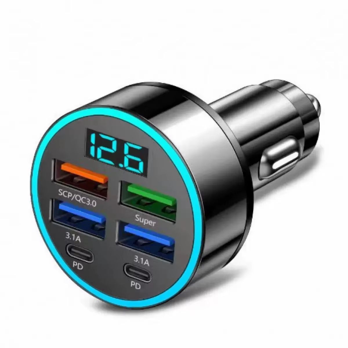 6 IN 1 Super Car Charger Adapter Mobile Phone USB PD Type C Cable For iPhone Fast Charge Cord Cigarette Lighter QC Display