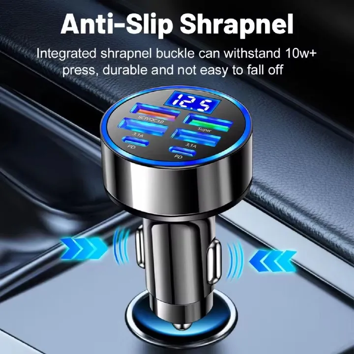 6 IN 1 Super Car Charger Adapter Mobile Phone USB PD Type C Cable For iPhone Fast Charge Cord Cigarette Lighter QC Display
