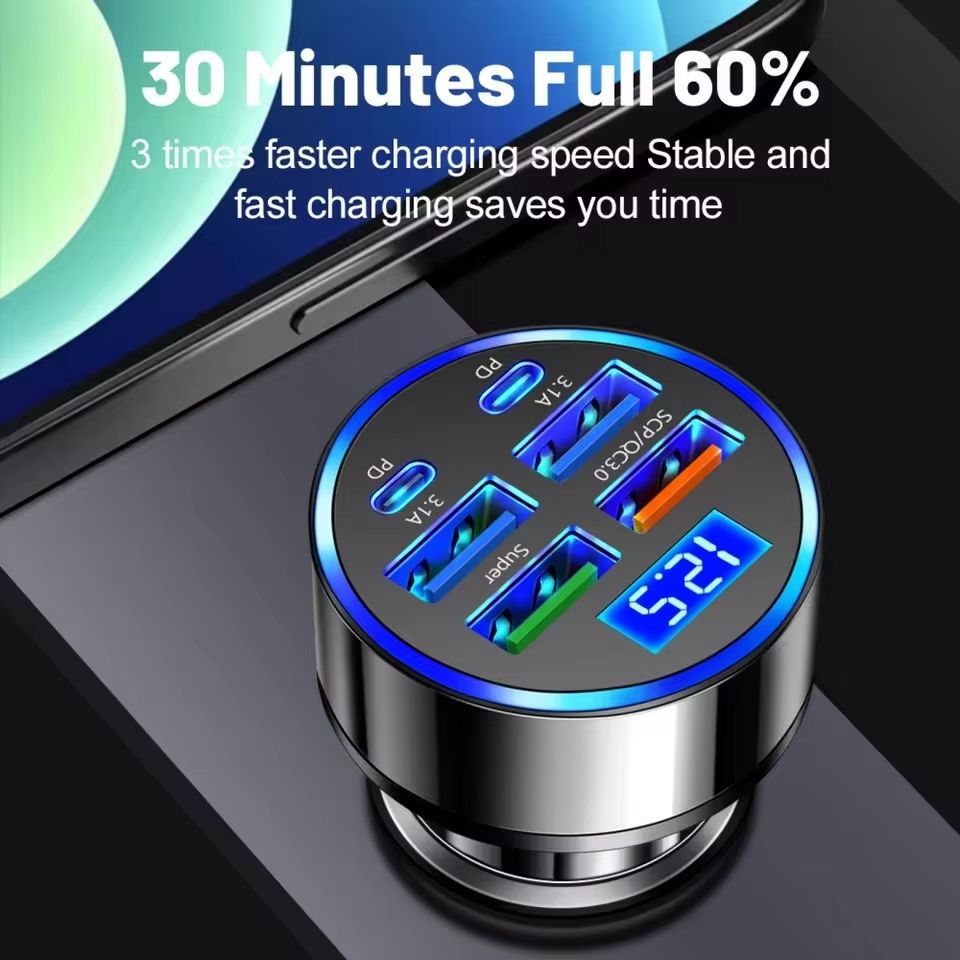 6 IN 1 Super Car Charger Adapter Mobile Phone USB PD Type C Cable For iPhone Fast Charge Cord Cigarette Lighter QC Display
