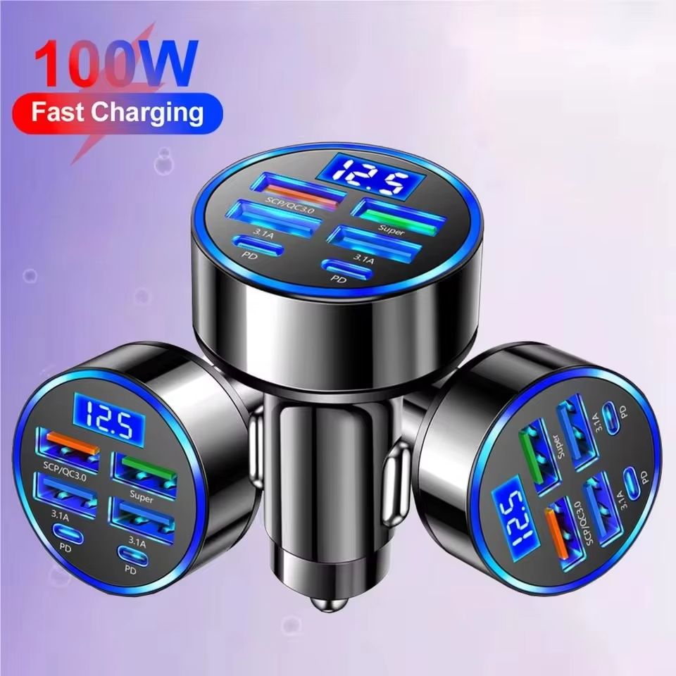 6 IN 1 Super Car Charger Adapter Mobile Phone USB PD Type C Cable For iPhone Fast Charge Cord Cigarette Lighter QC Display