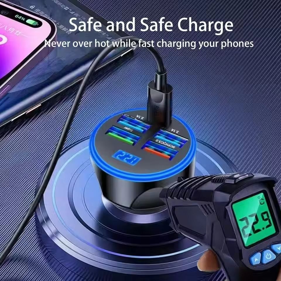 6 IN 1 Super Car Charger Adapter Mobile Phone USB PD Type C Cable For iPhone Fast Charge Cord Cigarette Lighter QC Display