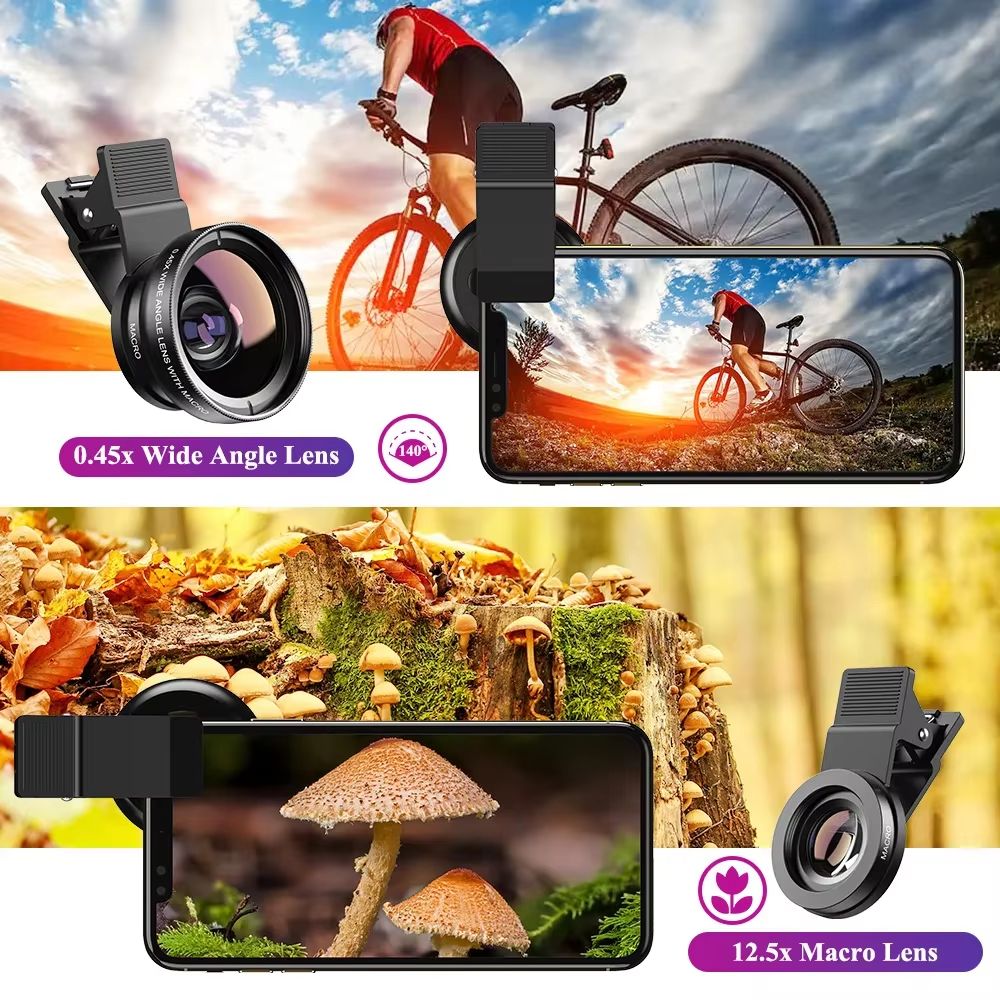 2 In 1 Clip-on Fish Eye Magnifiers Mobile Phone Lens Professional Mobile Phone Camera Lenses 15X Macro 0.45X Super Wide Angle