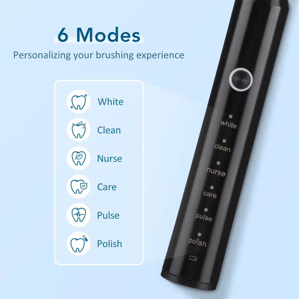 Electric Sonic Toothbrush 2-Minute Smart Timer 6 Modes Deep Clean With 4 Brush Heads Oral Care Rechargeable for Adults