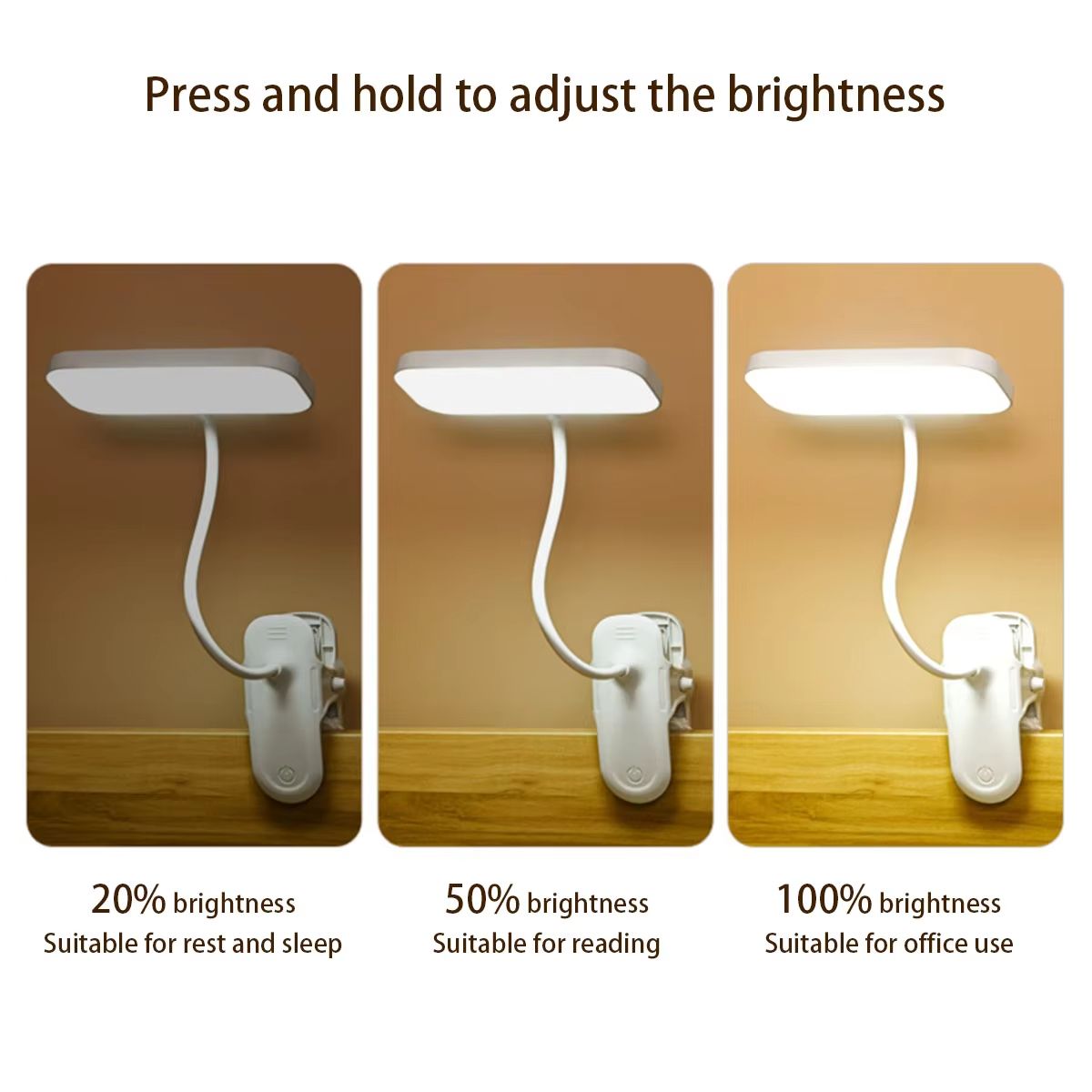 LED Portable Clip Table Lamp USB Rechargeable Clip Desk Lamp Bed Reading Night Light Touch 3 Dimming Modes Eye Protection Light