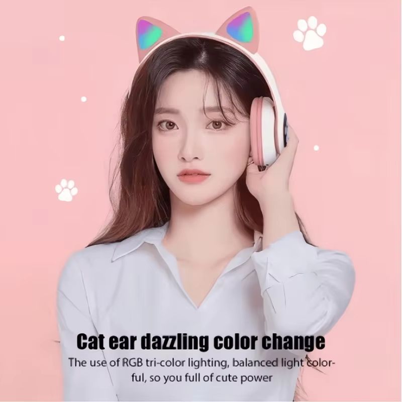 New Flash Light Cute Cat Ears Wireless Headphone with Mic Control LED Kid Girl Stereo Music Helmet Phone Bluetooth Headset Gift