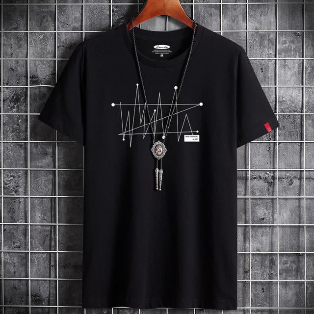 Cotton high-quality summer t-shirt fashion casual men's short-sleeved t-shirt geometric dotted line creative graphics Black S