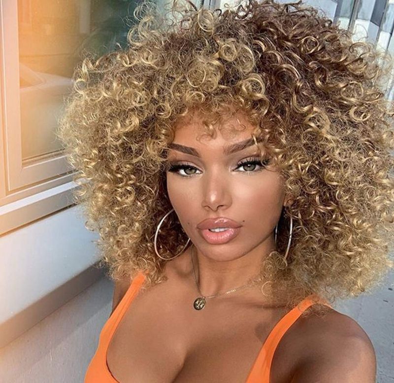 Short Curly Wig for Black Women Afro Kinky Curly Synthetic Wig With Bangs Head Cover As picture 220g