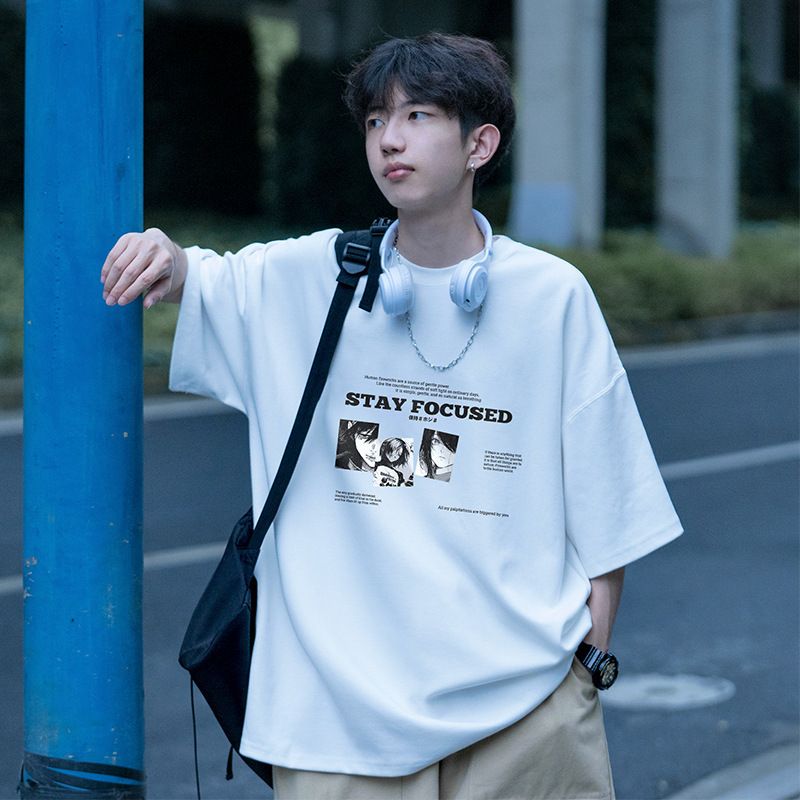 Heavy duty pure cotton retro red short sleeved T-shirt for men in summer, new American fashion brand versatile printed loose clothes for men white S