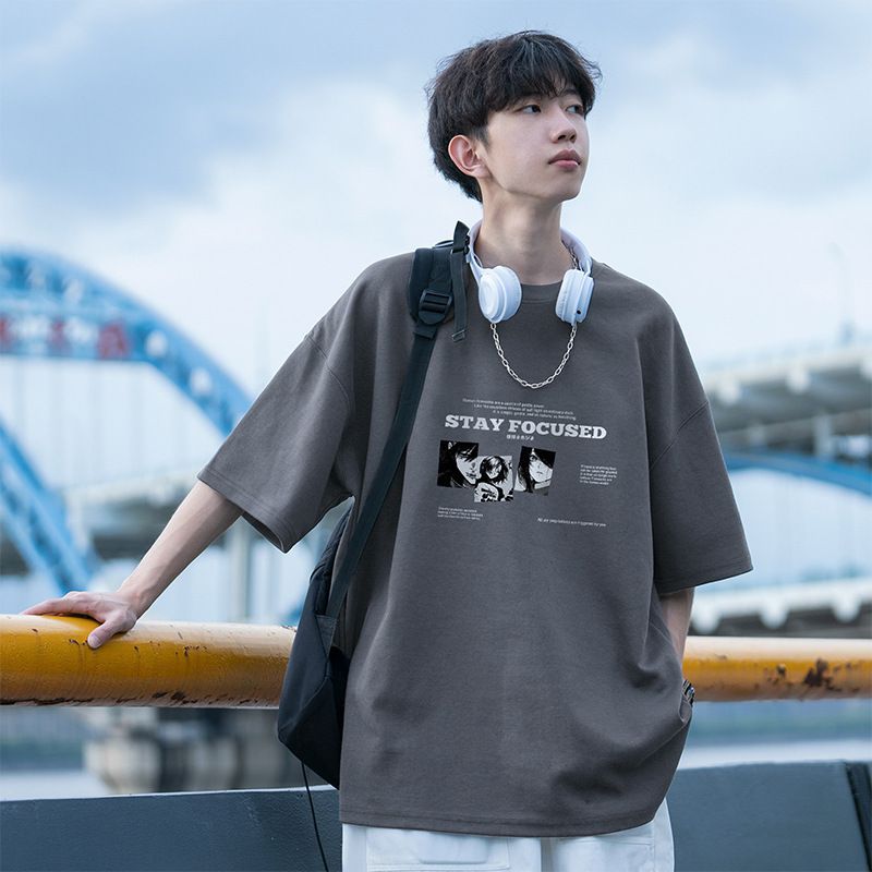 Heavy duty pure cotton retro red short sleeved T-shirt for men in summer, new American fashion brand versatile printed loose clothes for men white S