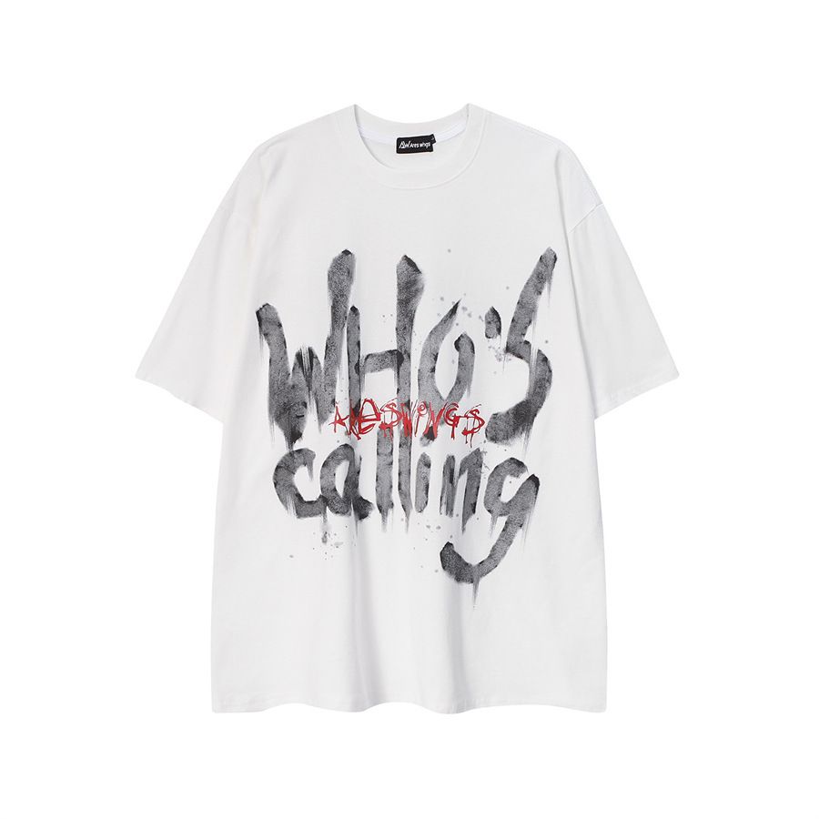 2*PC American hip-hop street graffiti letter short sleeved t-shirt, men's hip-hop versatile casual ins trendy couple t-shirt, summer white S