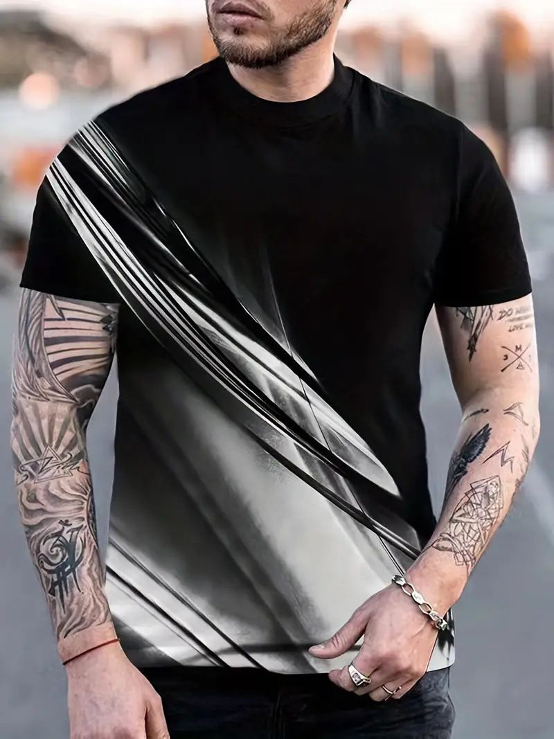 2025 Summer Versatile Basic 3D Printed T-shirt Cool and Breathable Men's Round Neck Casual Short Sleeve One Piece Hair Replacement one S