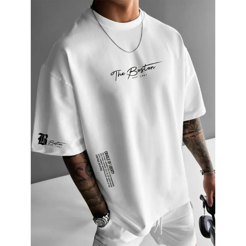Men's Street Style Loose Fit T-Shirt Summer Round Neck Tee with Letter Print White S