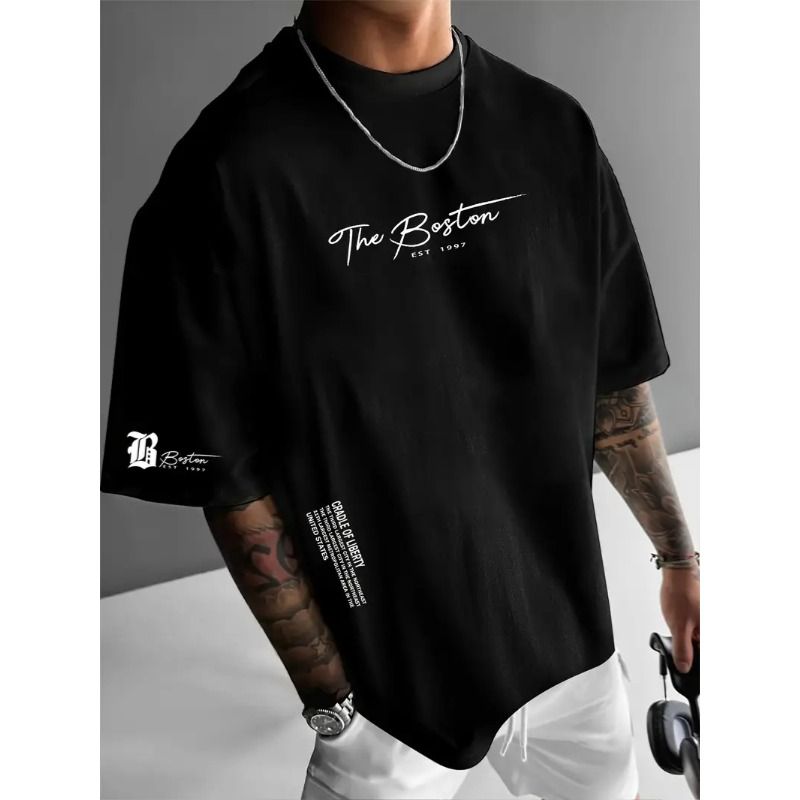 Men's Street Style Loose Fit T-Shirt Summer Round Neck Tee with Letter Print White S