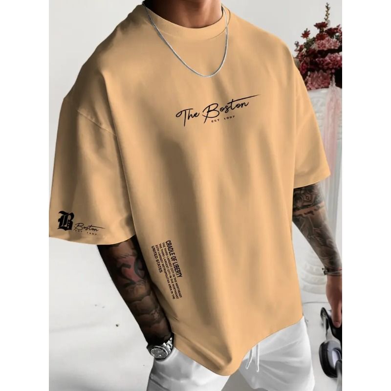 Men's Street Style Loose Fit T-Shirt Summer Round Neck Tee with Letter Print White S