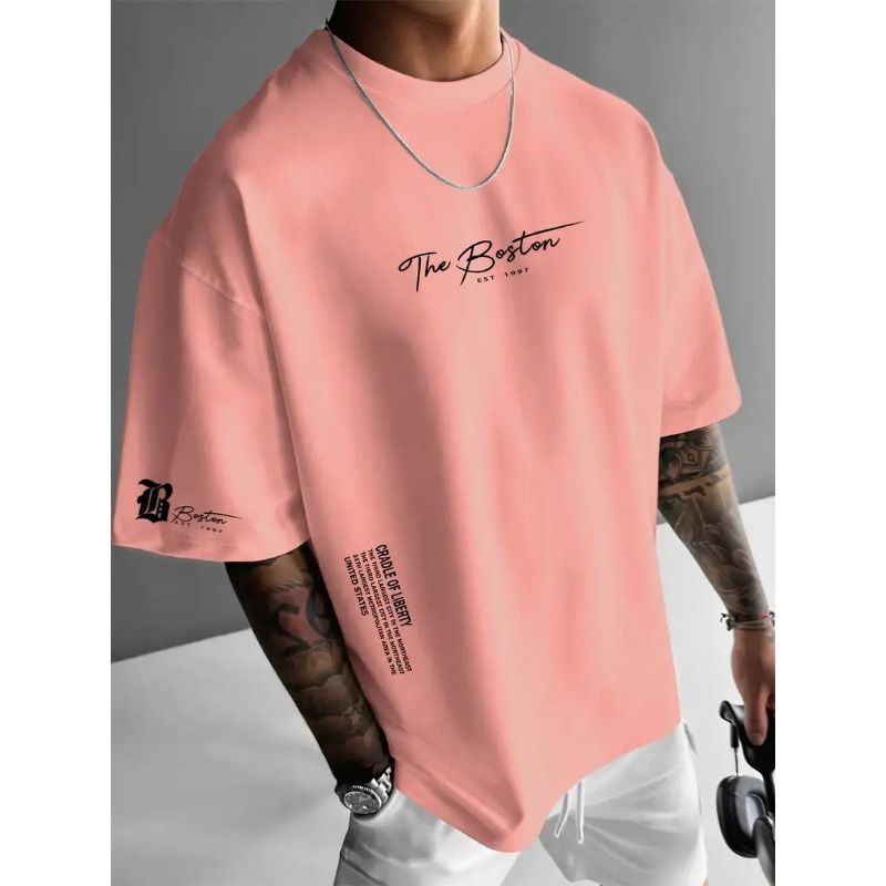 Men's Street Style Loose Fit T-Shirt Summer Round Neck Tee with Letter Print White S