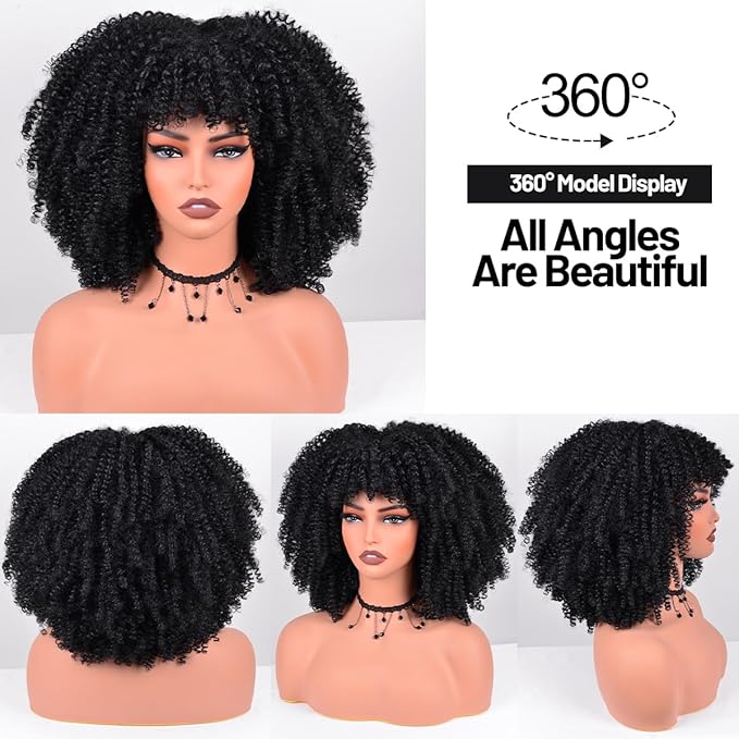 Afro Curly Wig with Bangs 12 Inches Synthetic Afro Wigs for Women about 280g/Piece Heat Resistant Black Short Kinky Curly Wigs for Daily Party