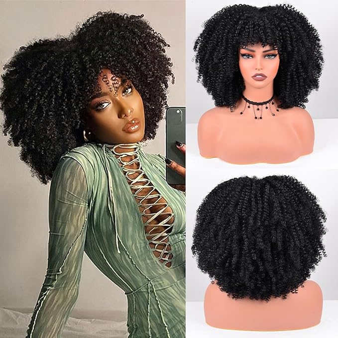 Afro Curly Wig with Bangs 12 Inches Synthetic Afro Wigs for Women about 280g/Piece Heat Resistant Black Short Kinky Curly Wigs for Daily Party