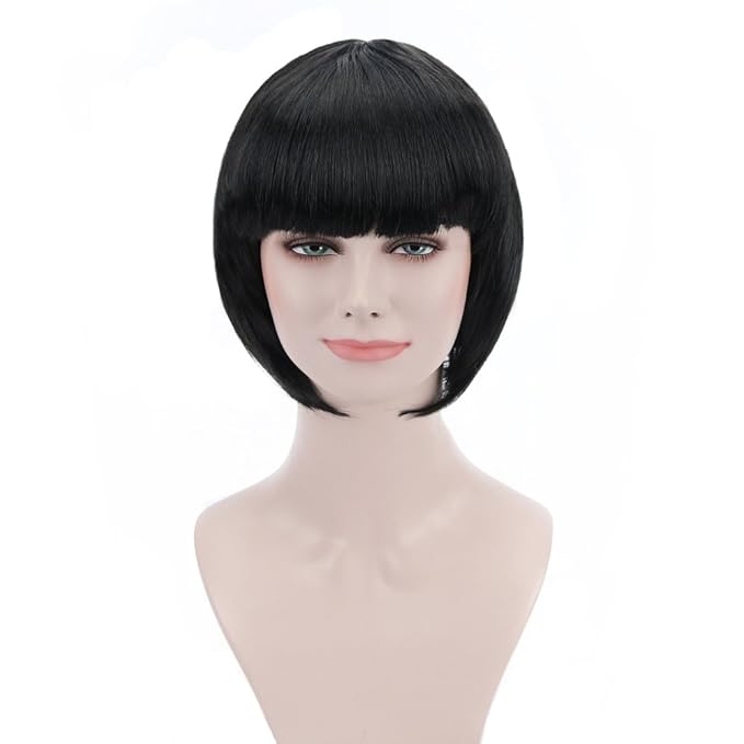 Black Short Bob Flapper Cosplay Wig-Synthetic Costume Women's Natural Looking Halloween Party Christmas Bangs Wigs