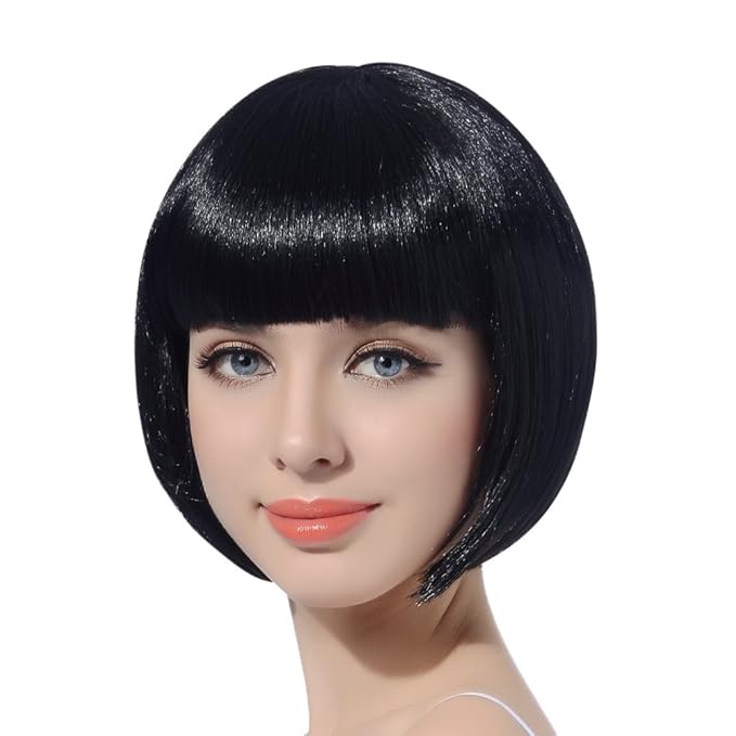 Black Short Bob Flapper Cosplay Wig-Synthetic Costume Women's Natural Looking Halloween Party Christmas Bangs Wigs
