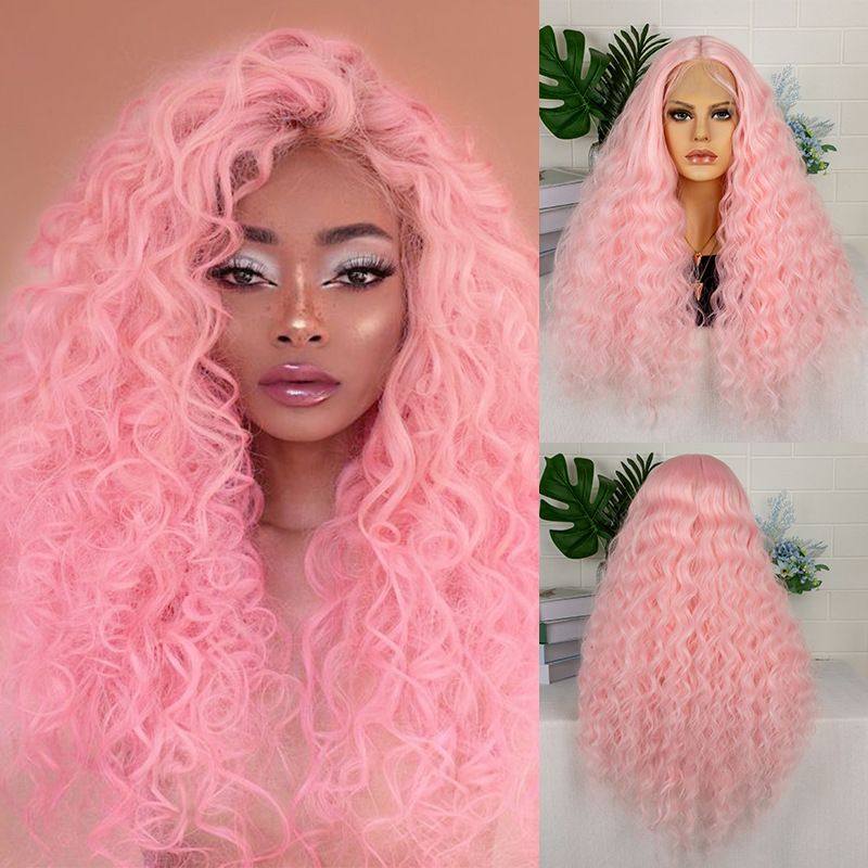 26inch wig, women's T-shaped front lace, synthetic fiber hood, pink parting, long curls, water ripples