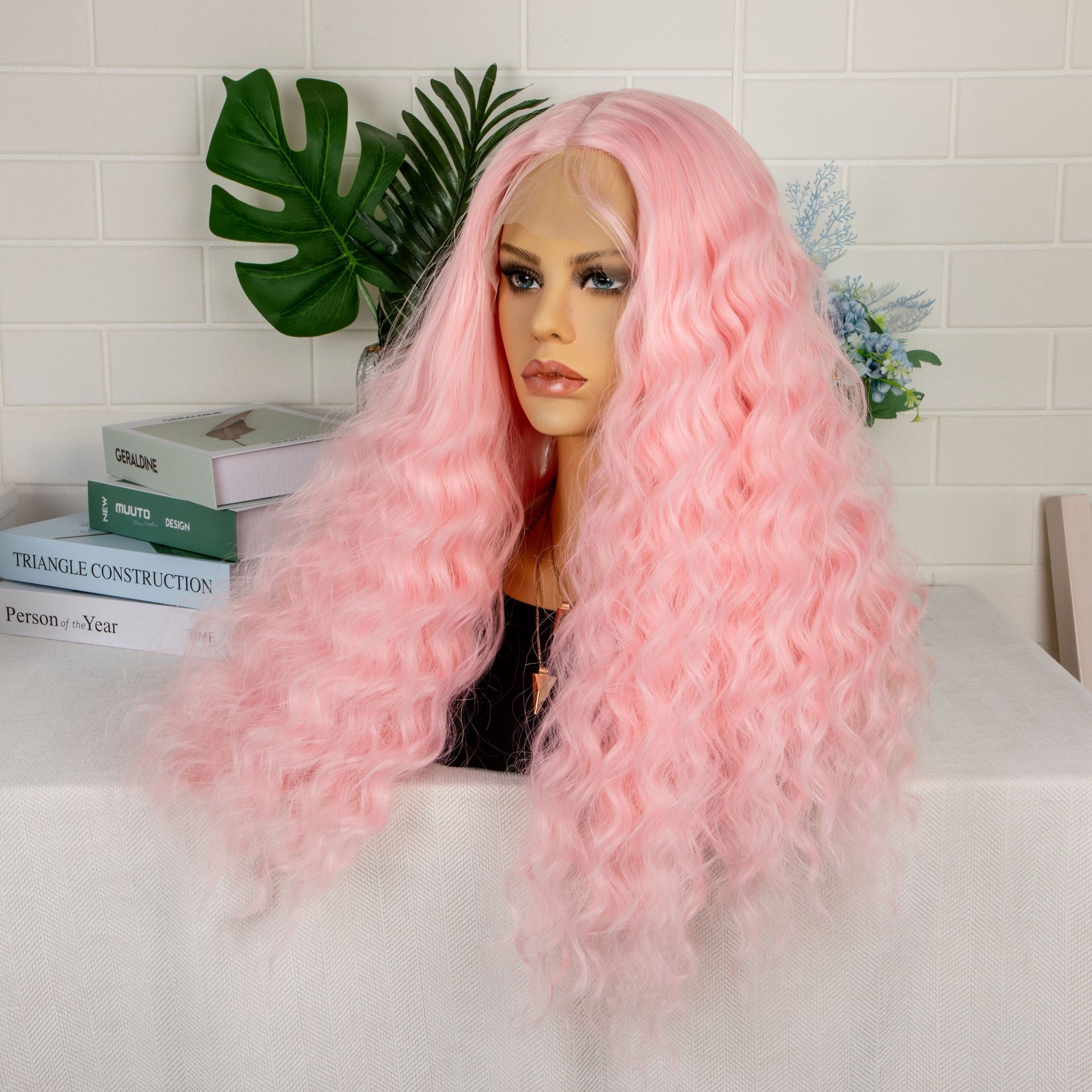 26inch wig, women's T-shaped front lace, synthetic fiber hood, pink parting, long curls, water ripples