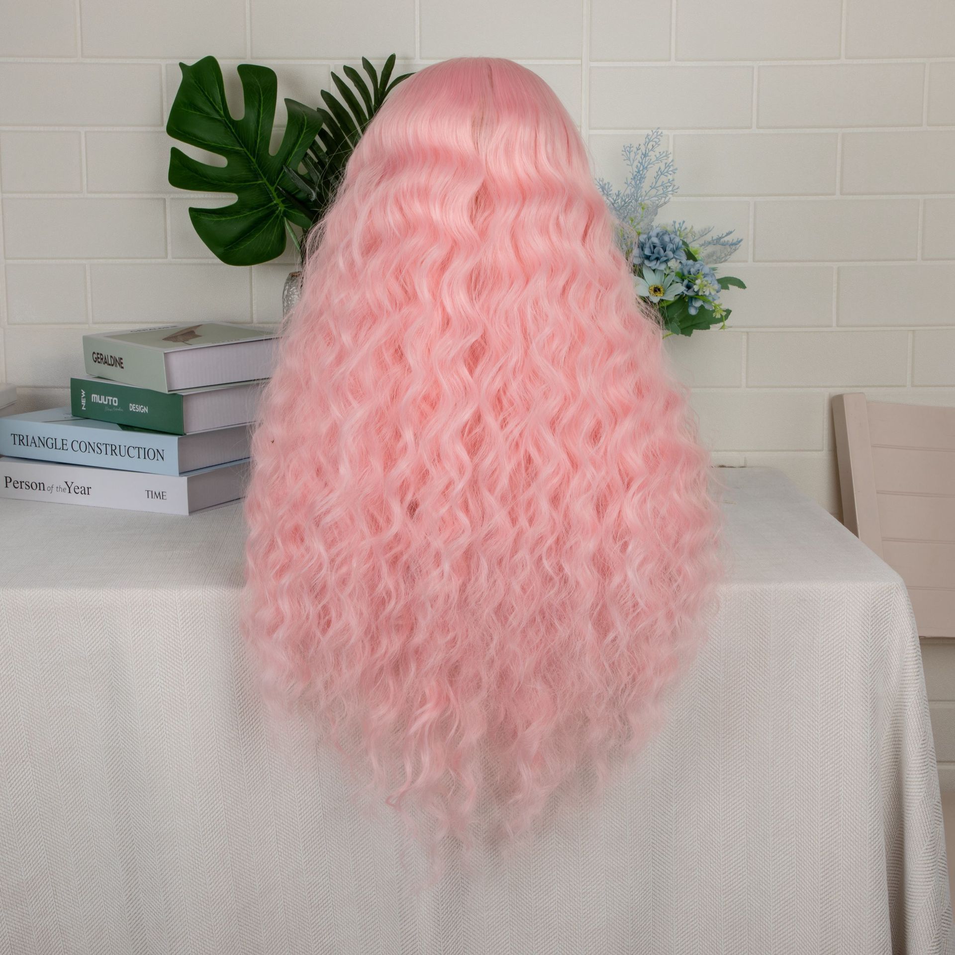 26inch wig, women's T-shaped front lace, synthetic fiber hood, pink parting, long curls, water ripples