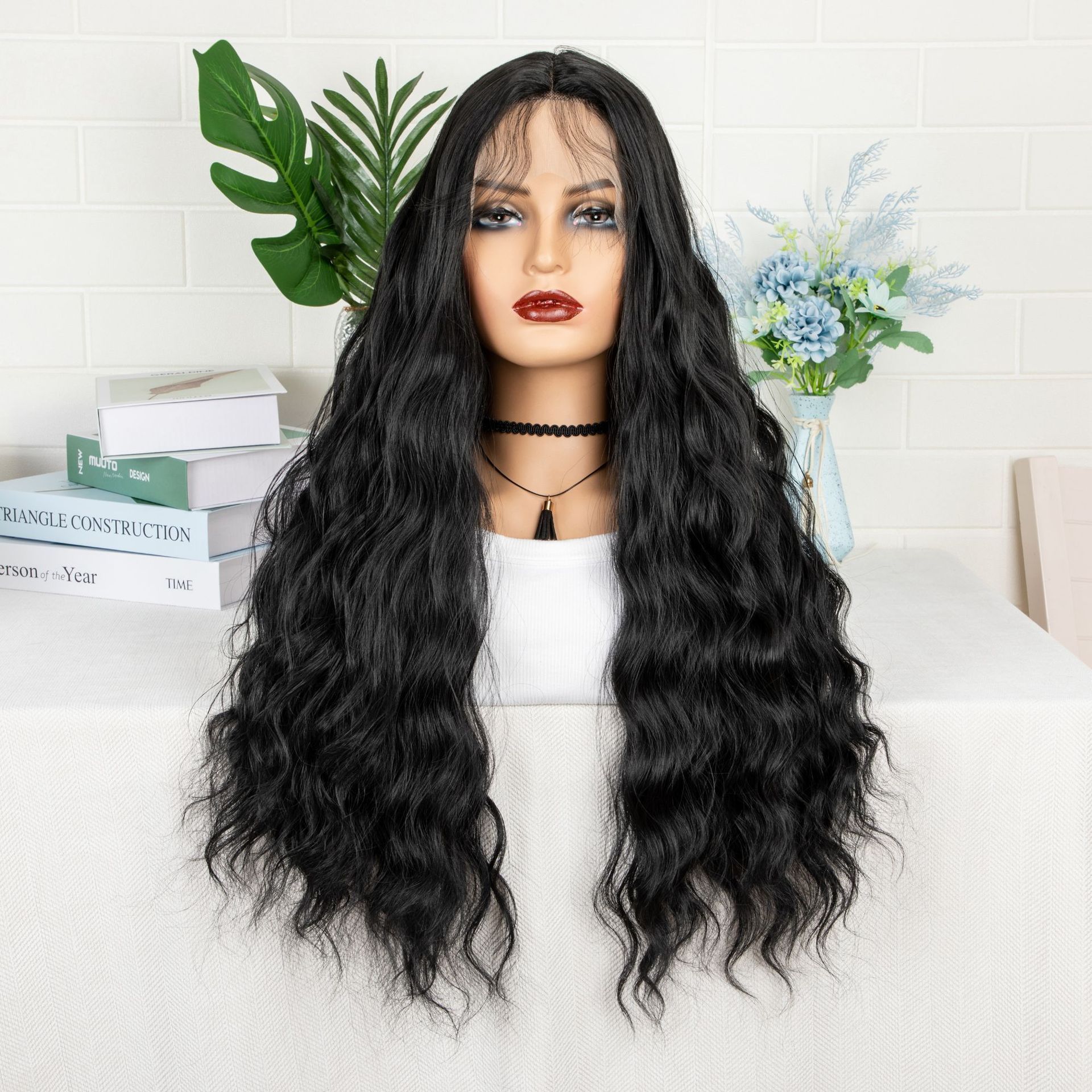 26inch wig, women's T-shaped front lace, synthetic fiber hood, pink parting, long curls, water ripples