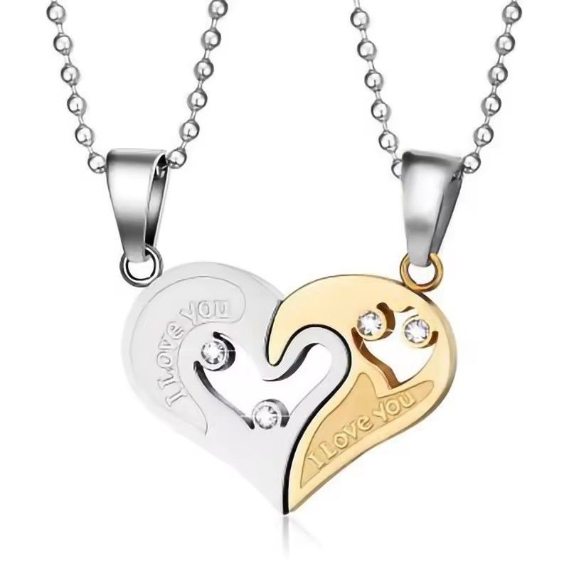 2Pcs/Set Couple Heart Shape I Love You Pendant Necklace Lovers Couples Jewelry Valentine's Gift，Fashion Couple Necklace Jewelry Unisex Lovers Couples Necklaces & Pendants Black+silver As picture