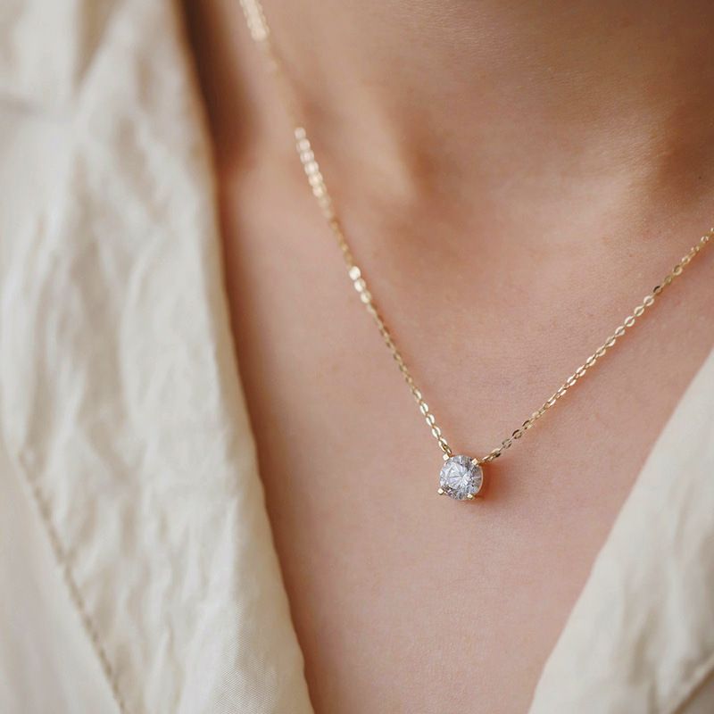 S925 sterling silver plated with 14K gold, one carat four claw single diamond, super sparkling temperament, Japanese and Korean light luxury collarbone chain, neck chain for women golden 925 silver