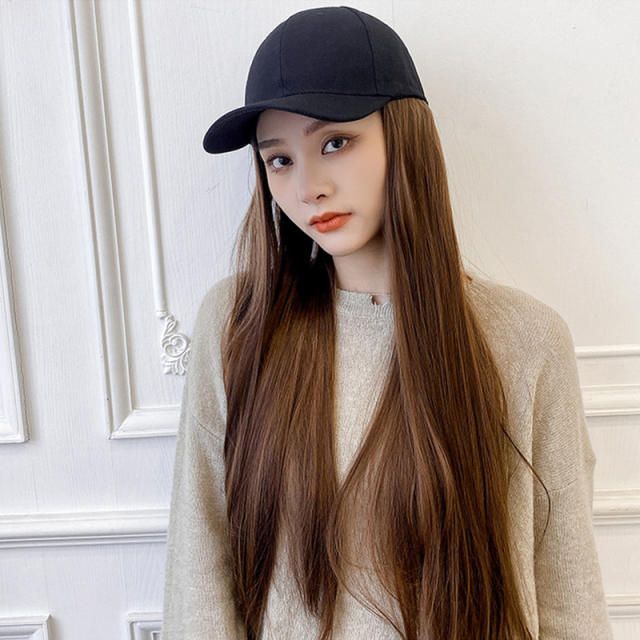 Duck tongue hat with fake hair, seasonal hat, wig, women's all-in-one wig hat, baseball cap, long straight hair Light