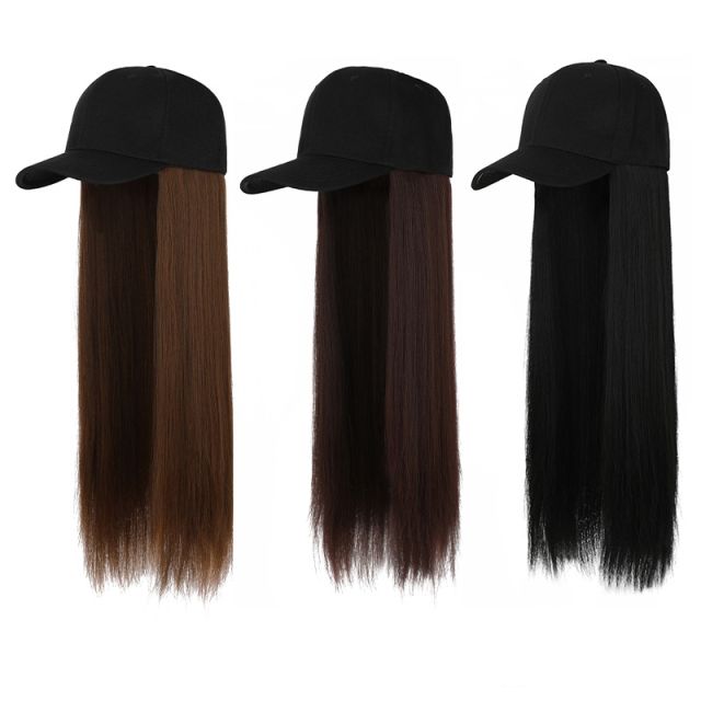 Duck tongue hat with fake hair, seasonal hat, wig, women's all-in-one wig hat, baseball cap, long straight hair Light