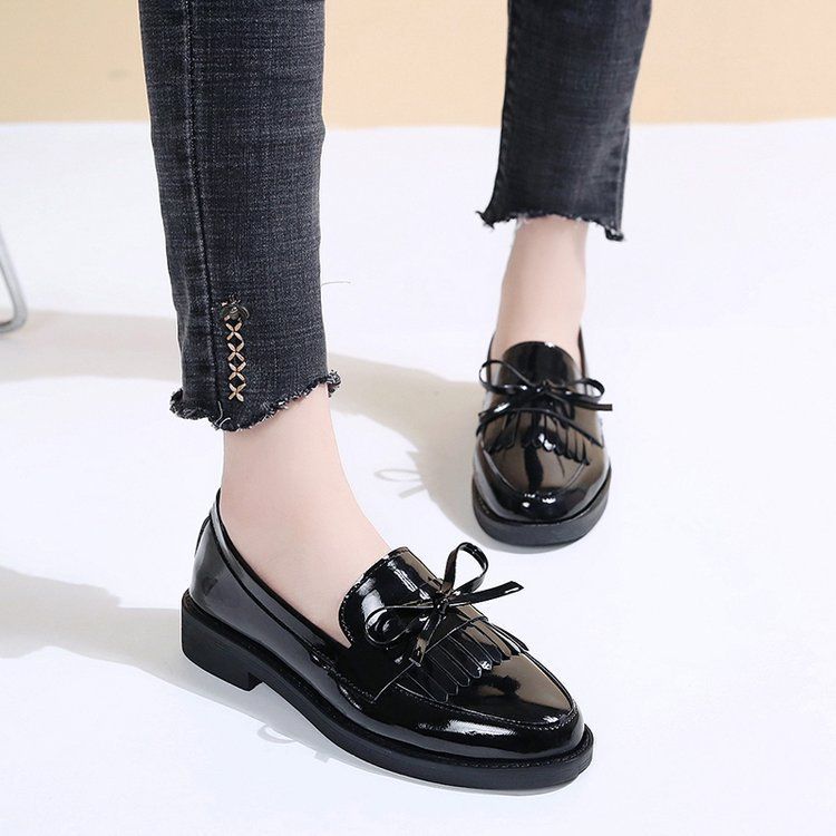 38-42Block heel shoes women's fashion spring and autumn new women's shoes bow small leather shoes large size loafers womens shoes heels ladys shoes flats shoes loafers shoes Black 37