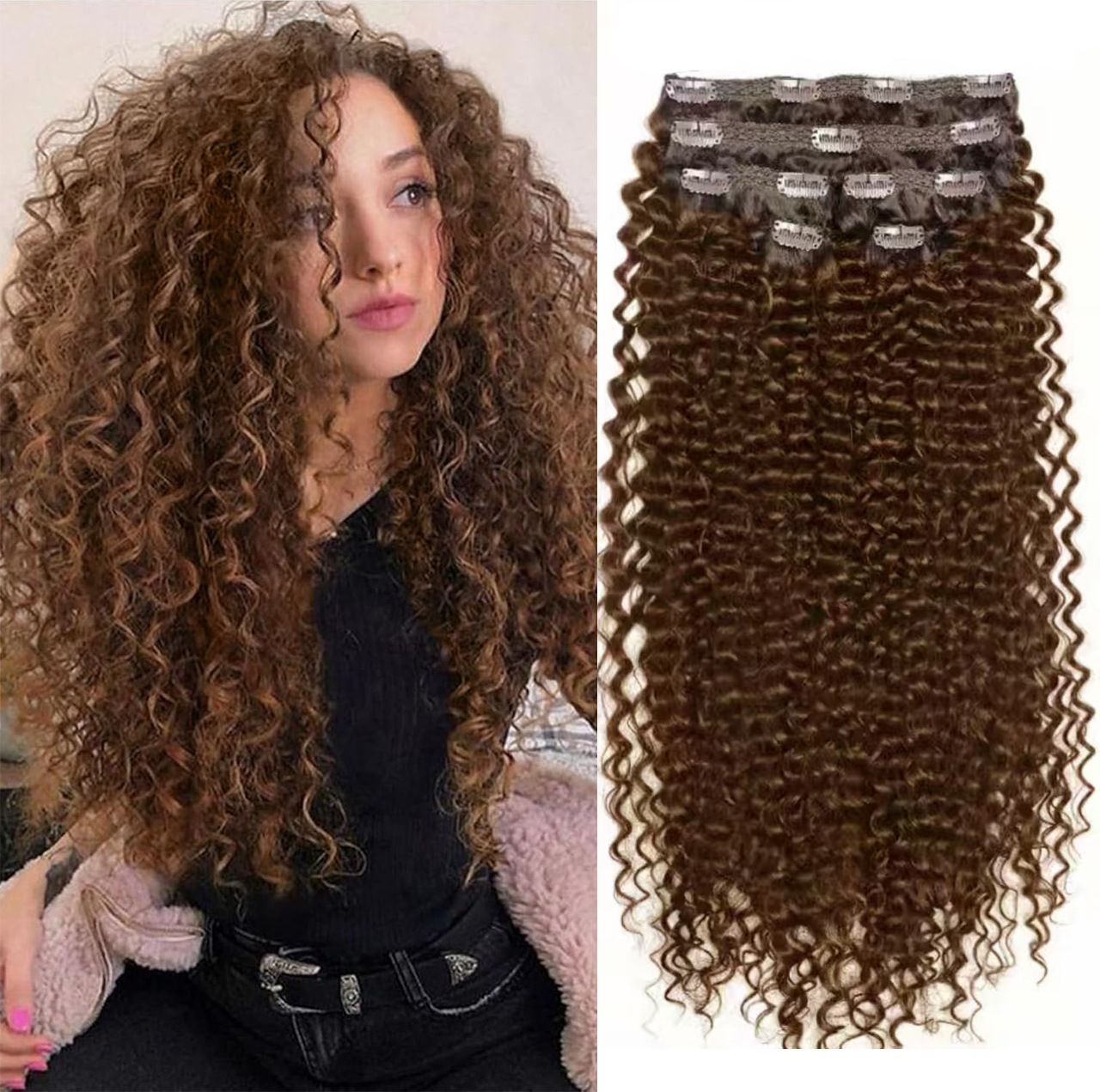 Hair Extension Seamless Clip in Extensions Burmese Curly Human Hair Bundle Black Wig Curling Clip African Roll