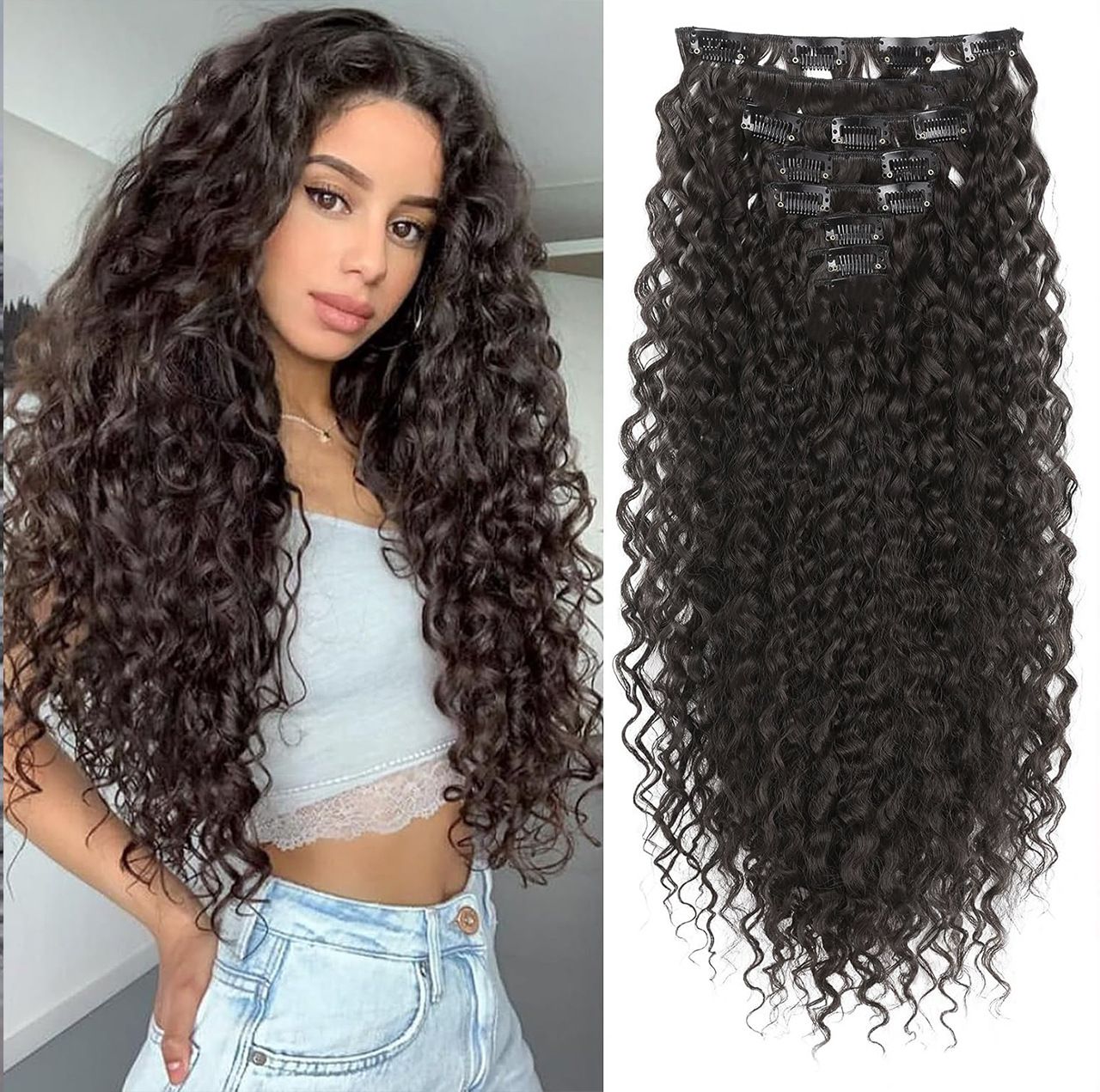 Hair Extension Seamless Clip in Extensions Burmese Curly Human Hair Bundle Black Wig Curling Clip African Roll