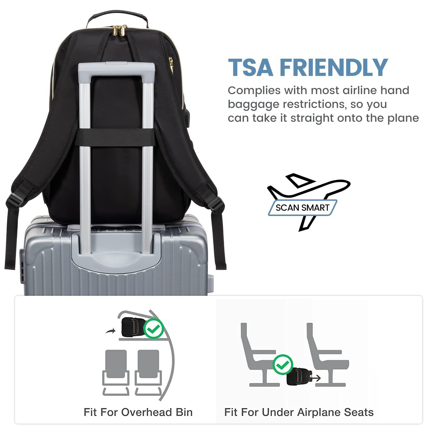 Women's Laptop Backpack Cute Women's Travel Backpack Purse, Professional Computer Bag, Waterproof Work Business College Teacher Bag Carry-on Backpack with USB Port Black Below 20L