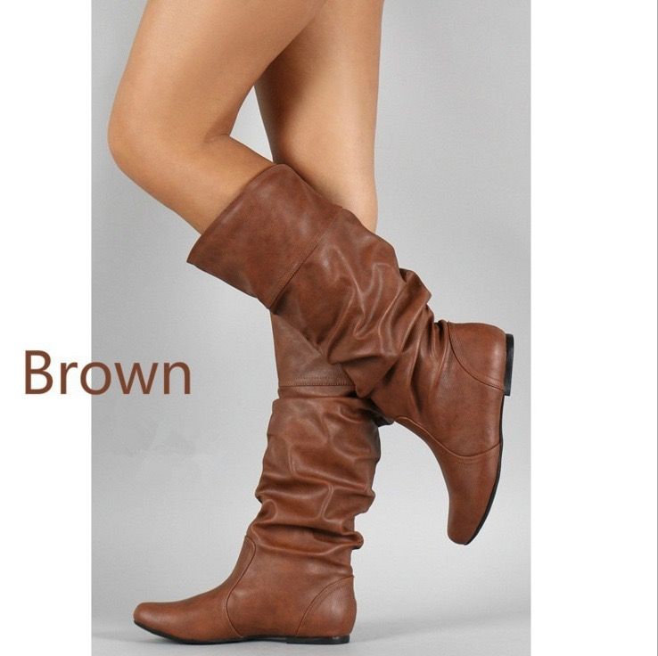 Foreign trade plus size Wish women's boots women's long boots European station solid color pleated high top leather boots hot selling casual versatile Brown 35