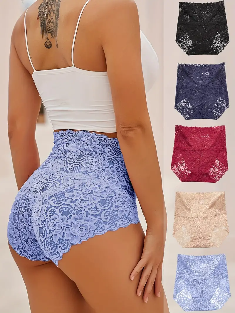 5pcs Floral Lace Briefs, Breathable Scallop Trim Stretch Panties, Women's Lingerie & Underwear 5PCS Radom