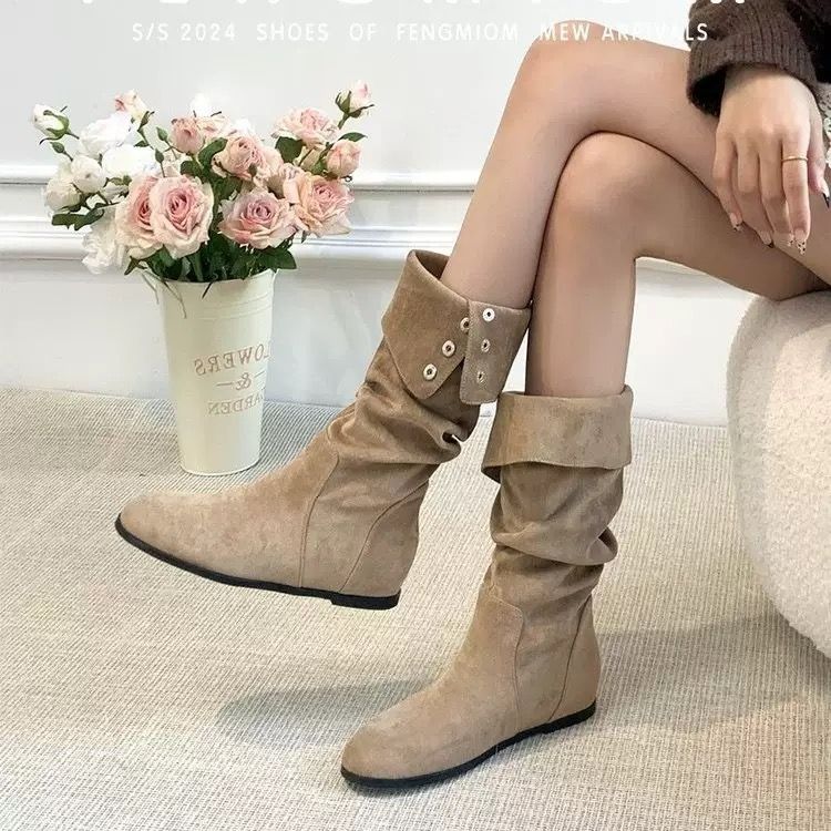 Suede long boots with flat bottom and round toe, worn in pairs to look slim. Western cowboy boots, retro knight boots, women's style Khaki 35
