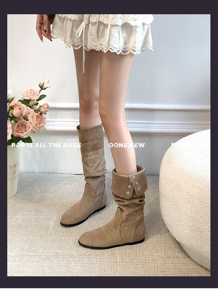 Suede long boots with flat bottom and round toe, worn in pairs to look slim. Western cowboy boots, retro knight boots, women's style Khaki 35